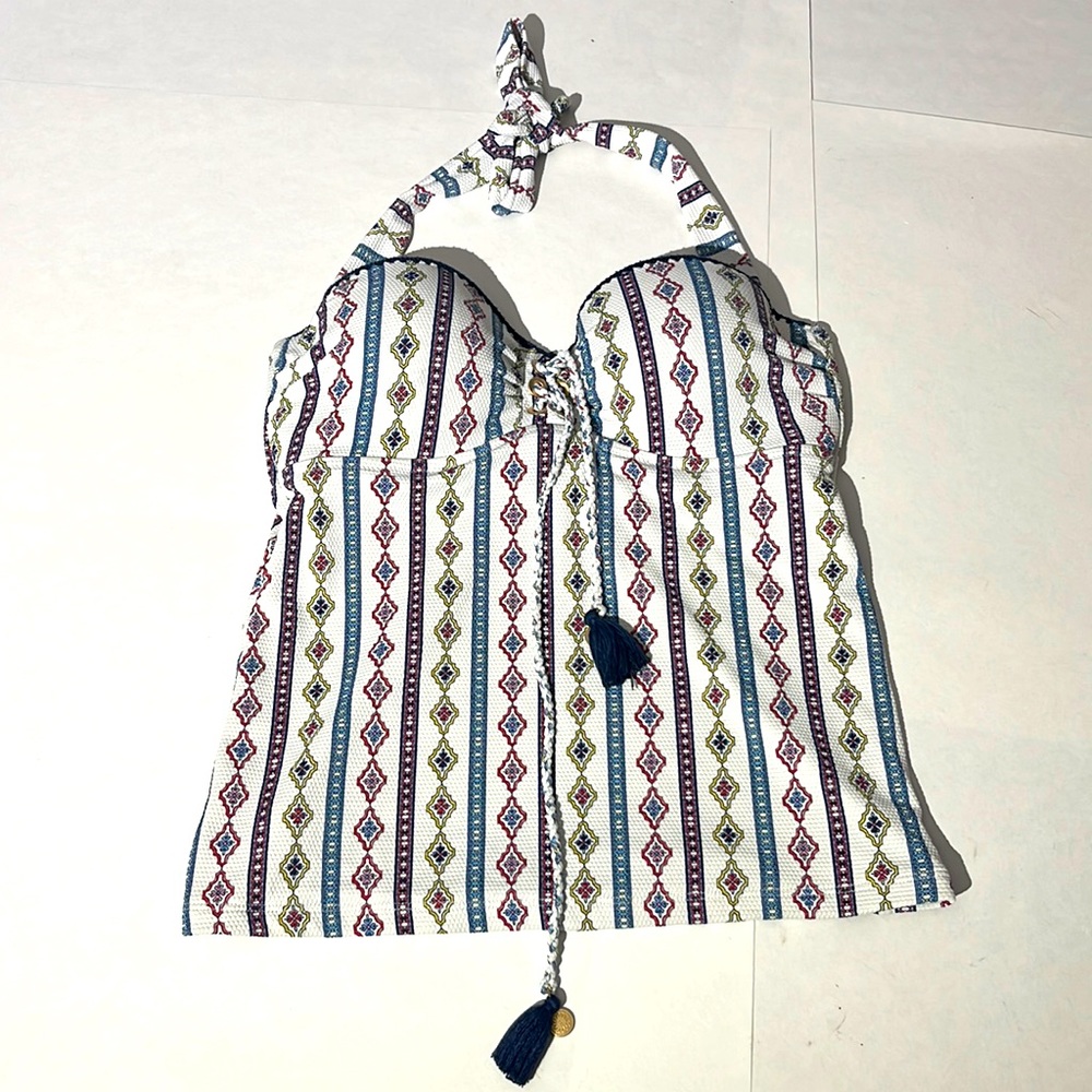 Jessica Simpson tankini tank top shirt halter small white w/ tassles